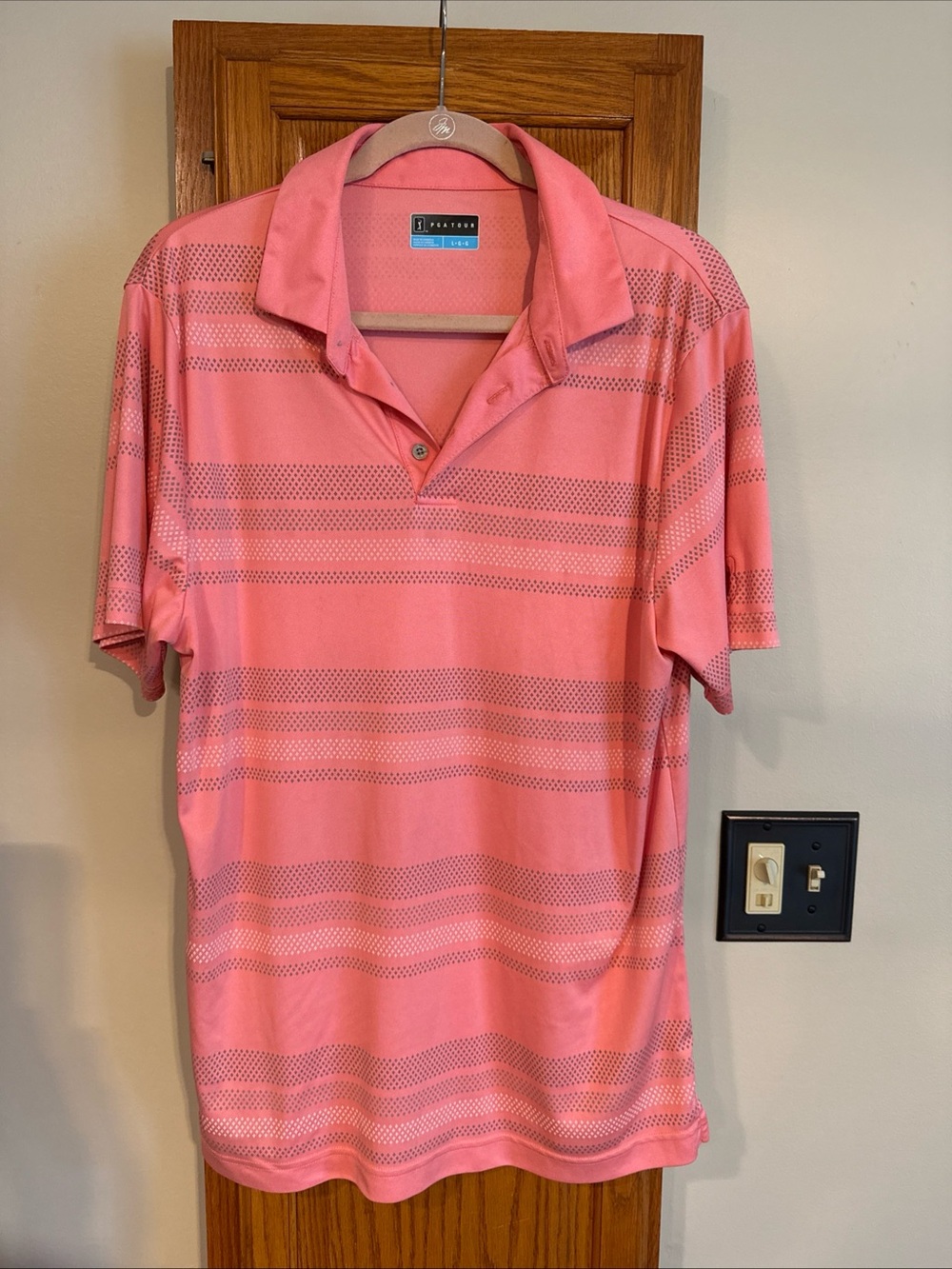 PGA Tour Polo Shirt Sz L Salmon/White Stripe Short Sleeve Collared Polyester
